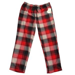 Perry Ellis Mens Microfleece Plaid Pocketed Drawstring Pajama Pants Red XL